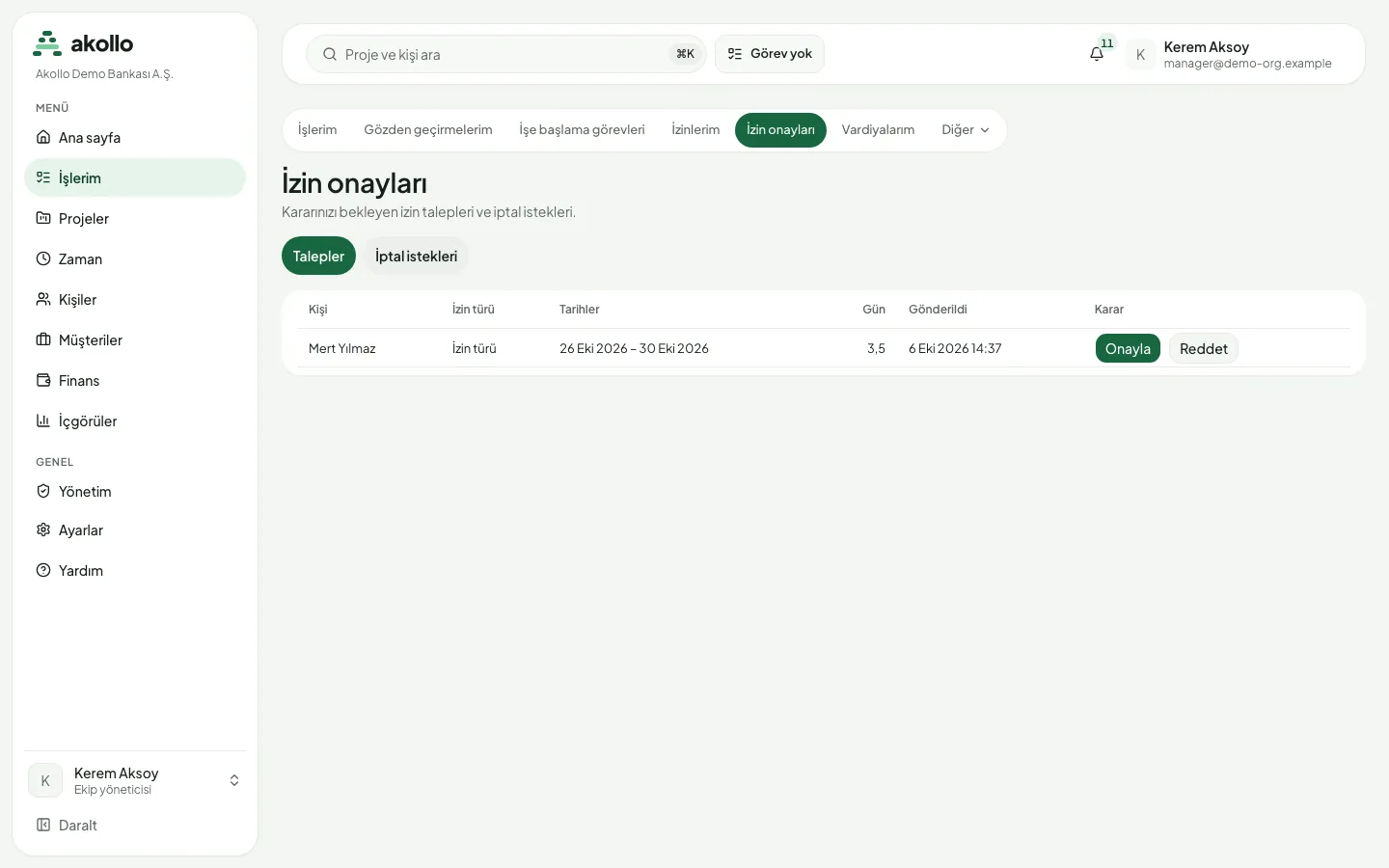 Talepler sekmesi açık, Onayla ve Reddet düğmeleriyle bir talebin yer aldığı İzin onayları sayfası