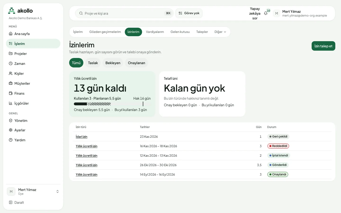 İki izin türünün bakiye kartları ve farklı durumlardaki taleplerin listesiyle İzinlerim sayfası
